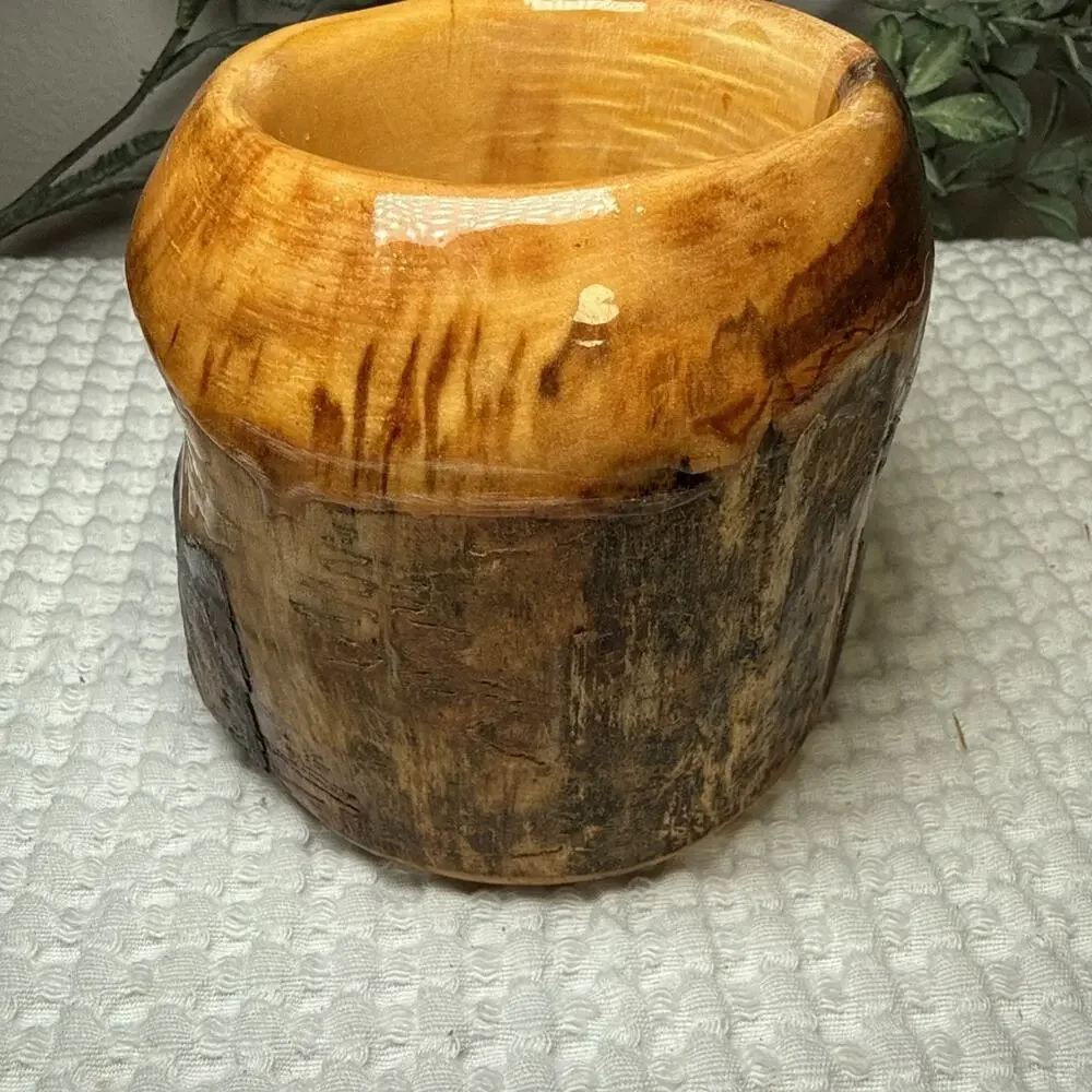 Hand Turned Natural Edge Wood Vase Studio Art Decorative Vessel Rustic 4” Vtg